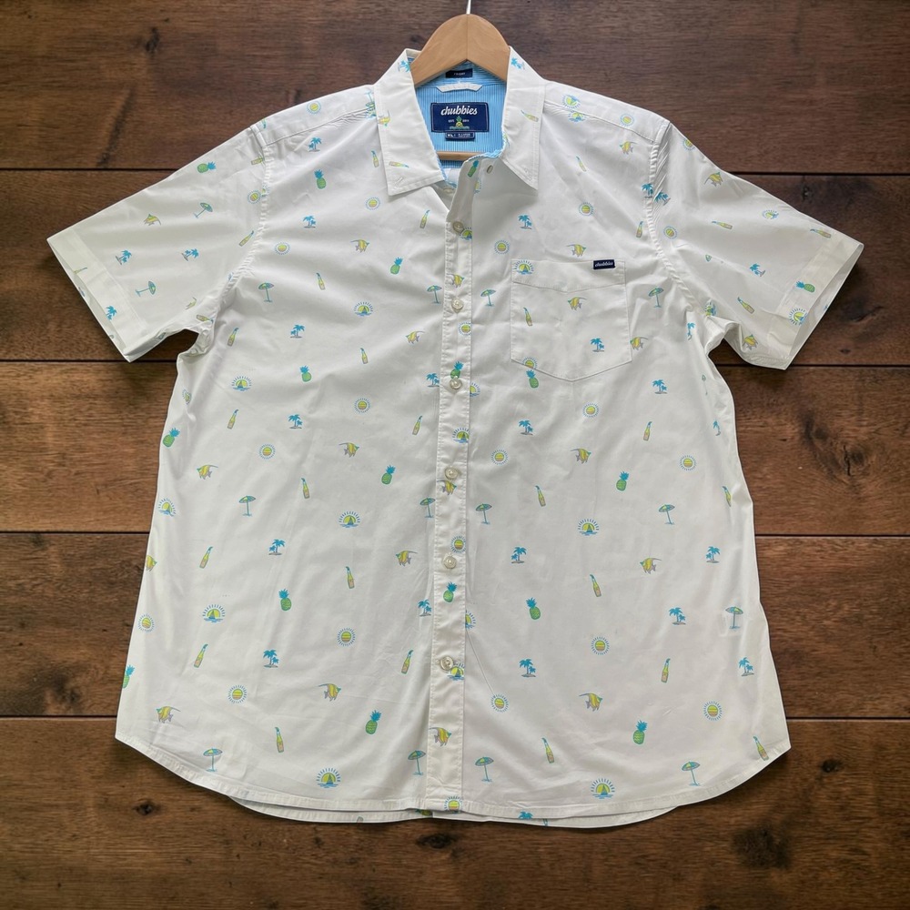 Chubbies The Friday Shirt Men XL Tropical Pineapple Palm Print Button Down White